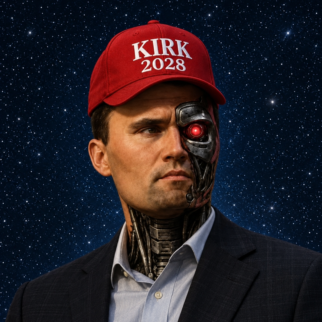 KIRK 2028 candidate portrait, half human, half machine